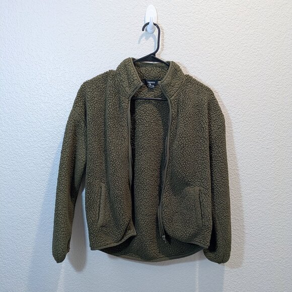 Forever 21 olive green sherpa zip up jacket - Size Small - Picture 1 of 4